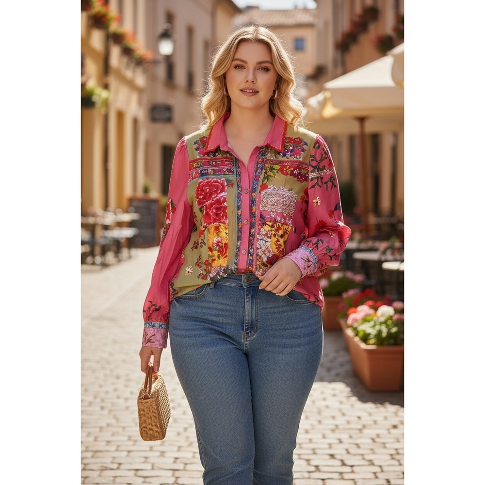 Mixed Floral Patchwork Button Down Blouse Plus Size 3X Pink Boho Long Sleeve Top